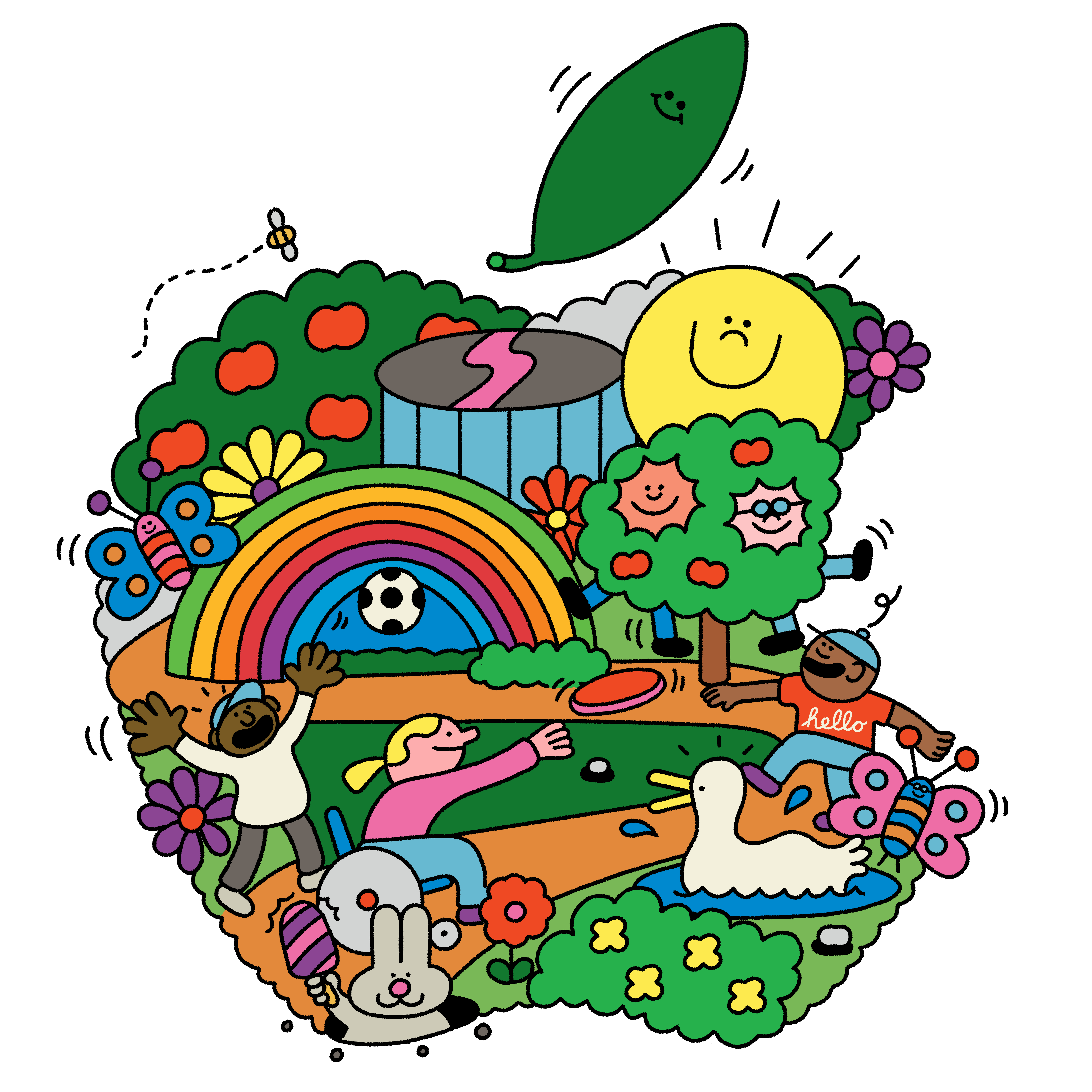Illustrated Apple logo with children playing, rainbows, flowers and butterflies — Friends and Family Days at Apple Park